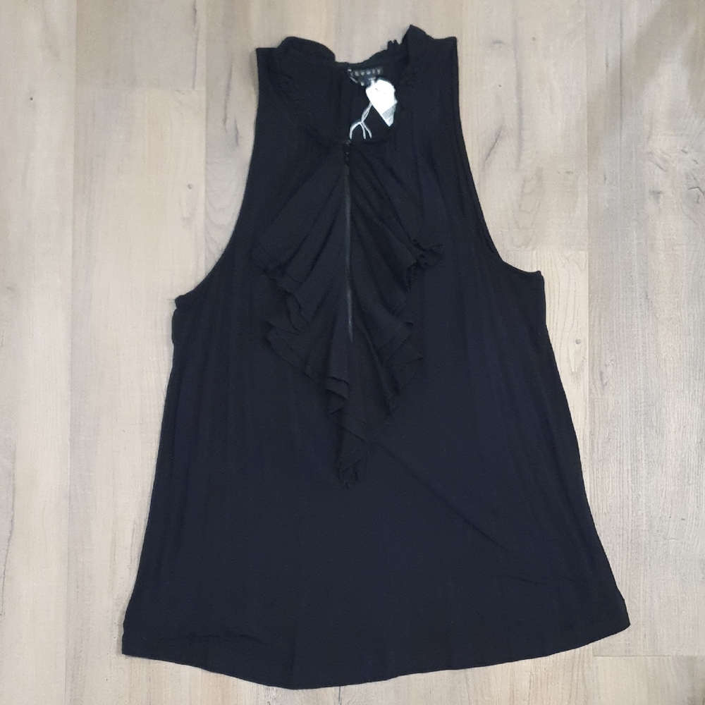 NWT Theory Stretch Black Sleeveless Ruffle Top Size Medium